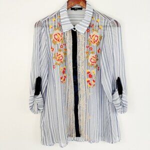 Andree by Unit Button Up Blouse Size Medium Blue Sheer Velvet Trim Embroidered